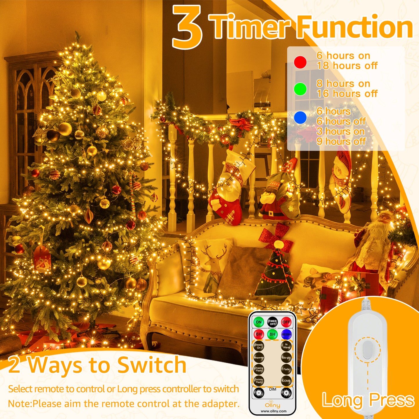 
                  
                    Ollny 20ft 400 LED Cluster Lights Christmas, 8 Lighting Modes with Remote Control Waterproof Indoor Outdoor Xmas Cluster Lights for Decorations
                  
                