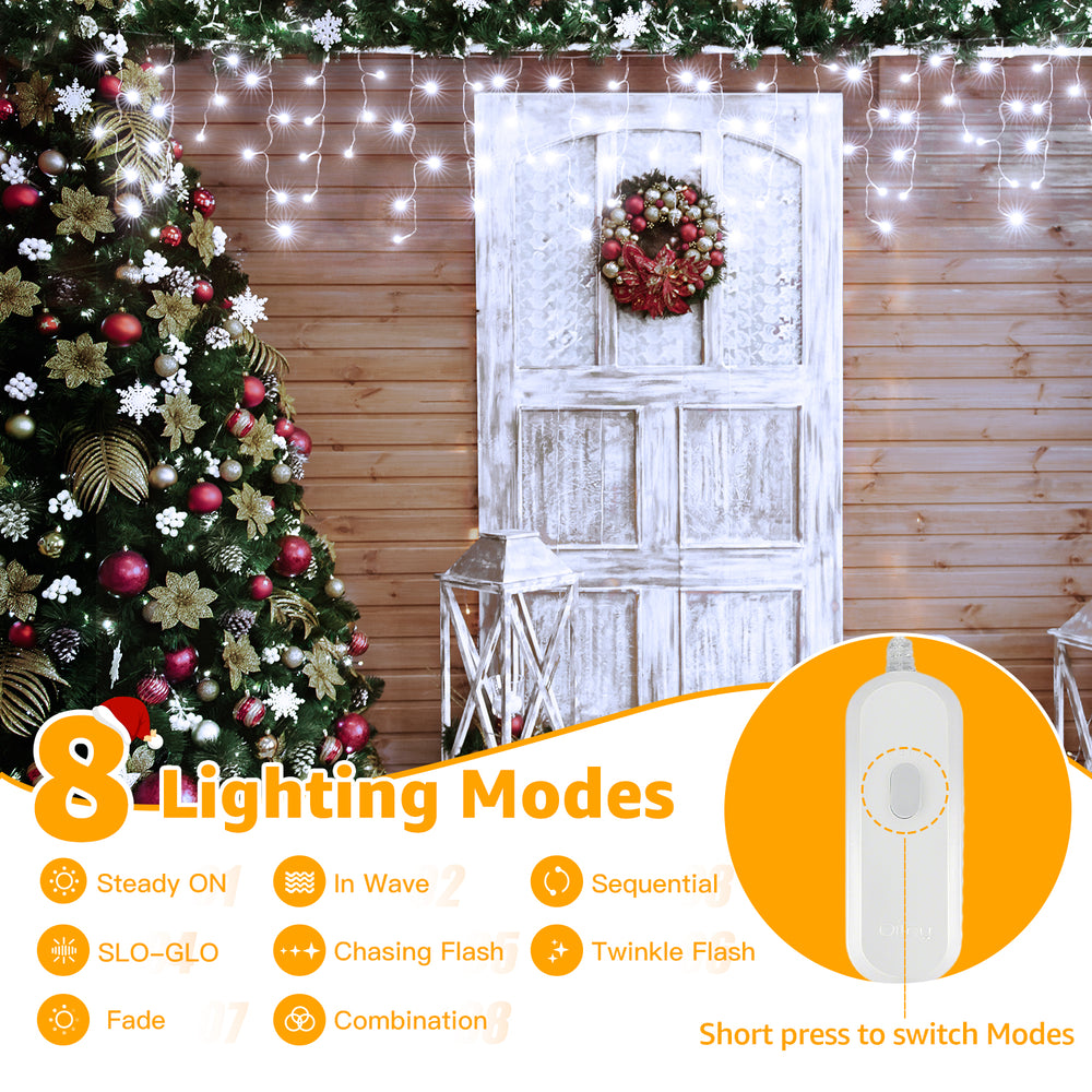 
                  
                    Ollny 24ft 216 LED Icicle Lights for Outside, 8 Lighting Modes 3 Timing Waterproof Icicle Christmas Lights Indoor Outdoor Decorations, White
                  
                