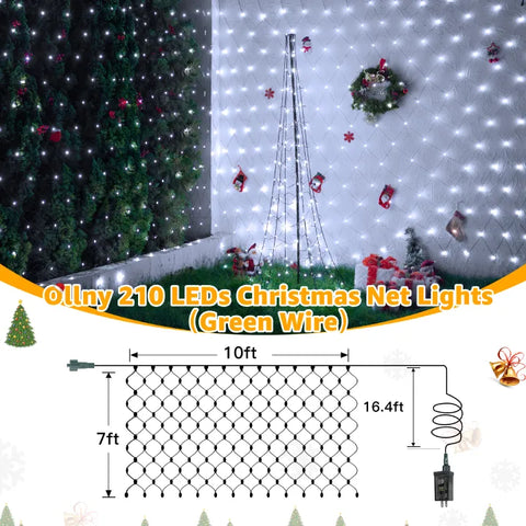 Ollny 210 LED 10*7ft Cool White Outdoor Net Lights (Green wire, IP67 Waterproof, Connectable)