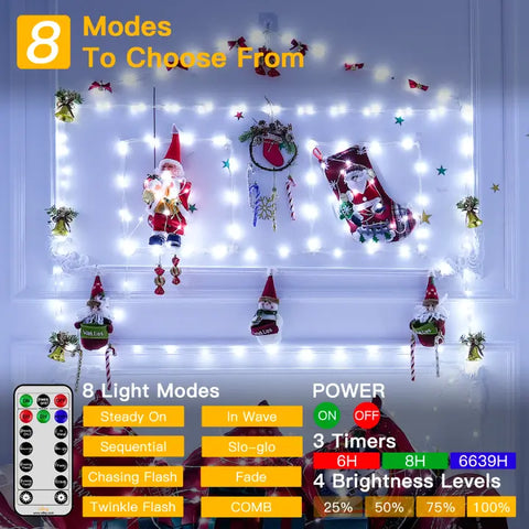 Explains how to control 8 lighting modes, 3 timer functions and 4 brightness levels of Ollny's 400 leds clear wire cool white Christmas lights with remote control