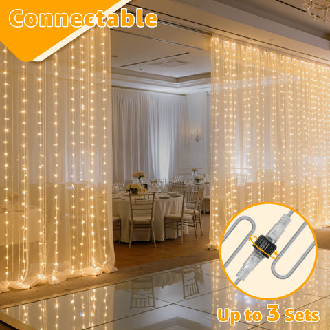 Ollny 300 LED Wedding Curtain Lights for Events, Proposals, Anniversaries (9.8ft*9.8ft, Warm White, Clear Cable, Connectable, IP67 Waterproof)