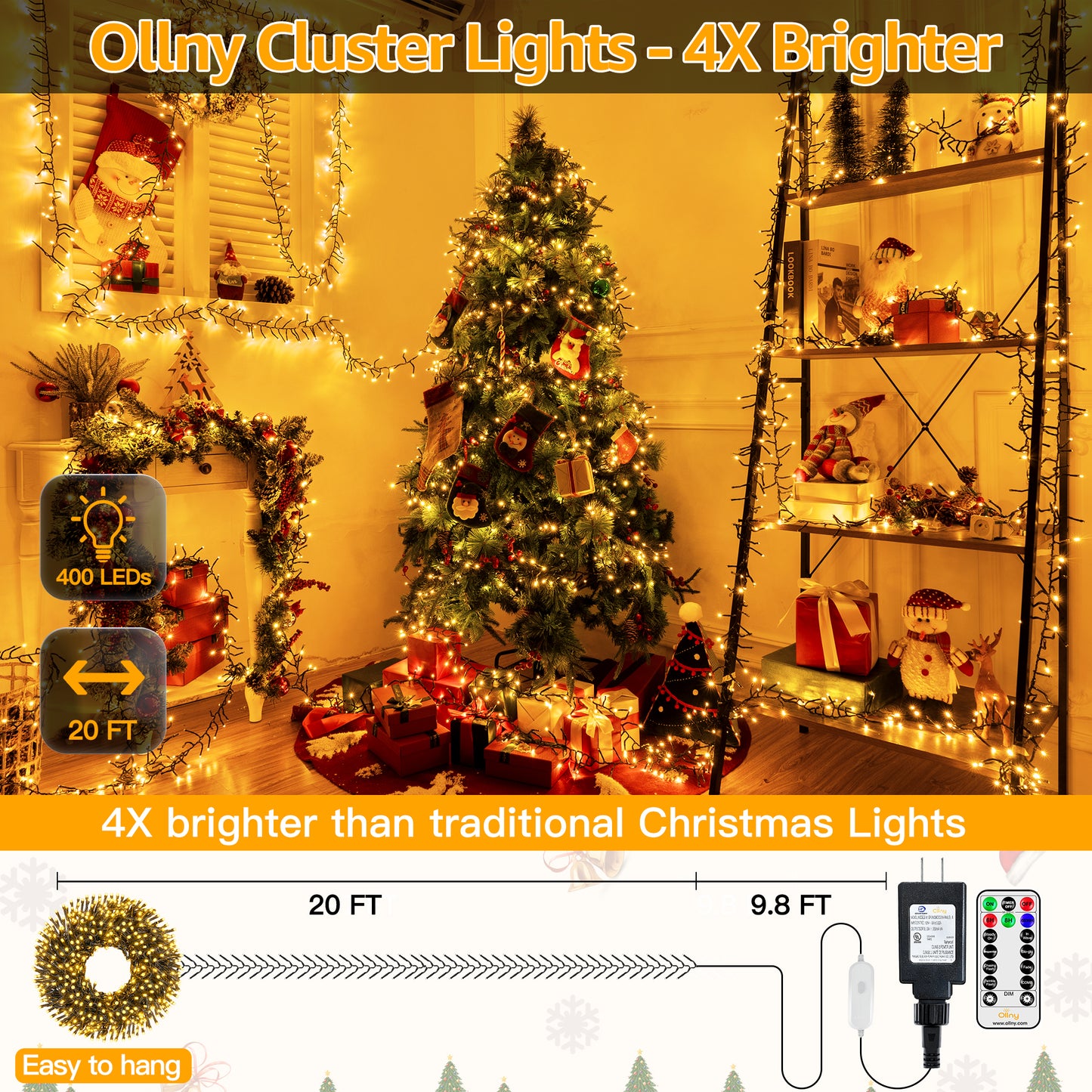 
                  
                    Ollny 20ft 400 LED Cluster Lights Christmas, 8 Lighting Modes with Remote Control Waterproof Indoor Outdoor Xmas Cluster Lights for Decorations
                  
                