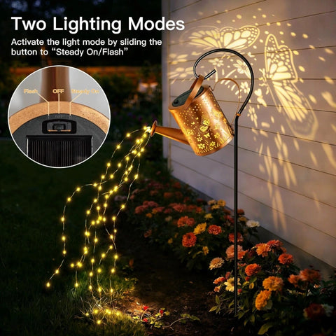 Ollny Butterfly Solar Watering Can with Cascading Lights for Outdoor, Yard, Patio, Lawn(Warm White, IP65 Waterproof, 2 Modes)