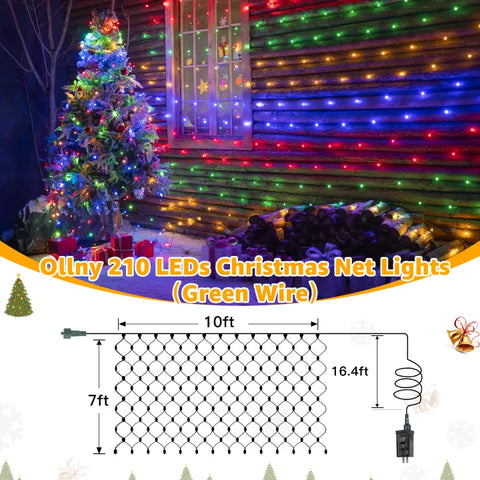 Ollny 210 LED 10*7ft Multicolor Outdoor Net Lights (Green wire, IP67 Waterproof, Connectable)