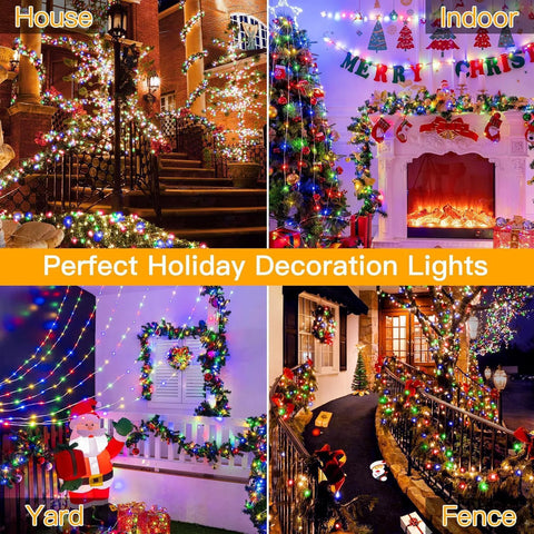 4 scenes of clear cable multicolored Christmas lights