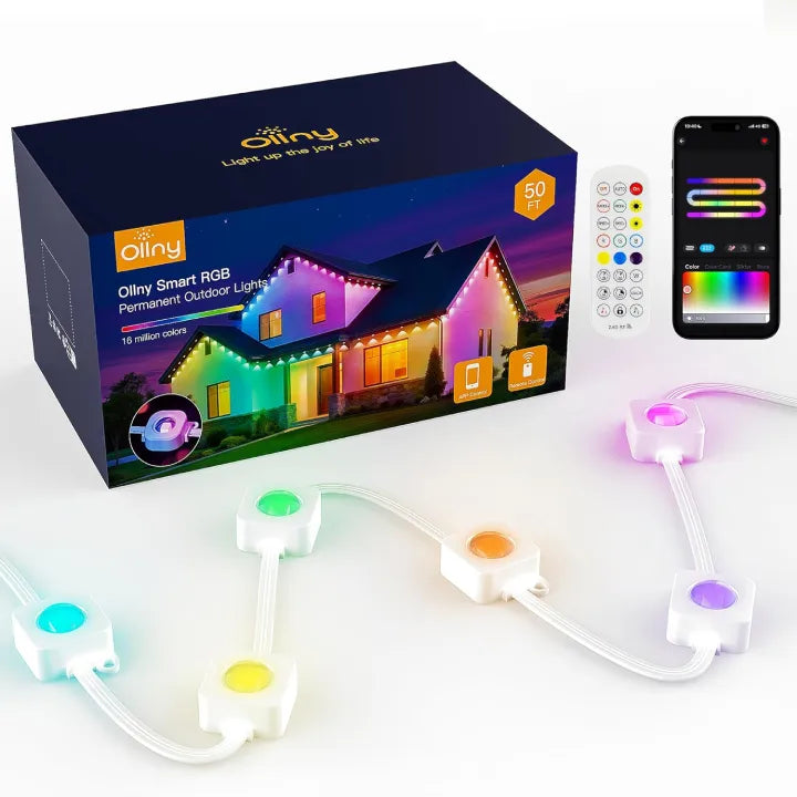 Ollny Smart RGB permanent outdoor christmas lights with packaging, app control, and remote control 