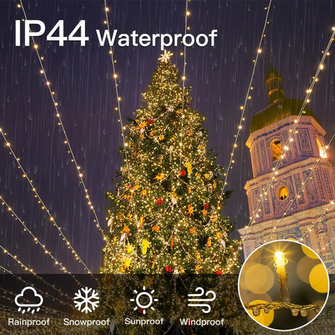 800 LED 262ft Warm White Christmas String Lights (Clear Cable, Plug in, 8 Modes, IP44 Waterproof)