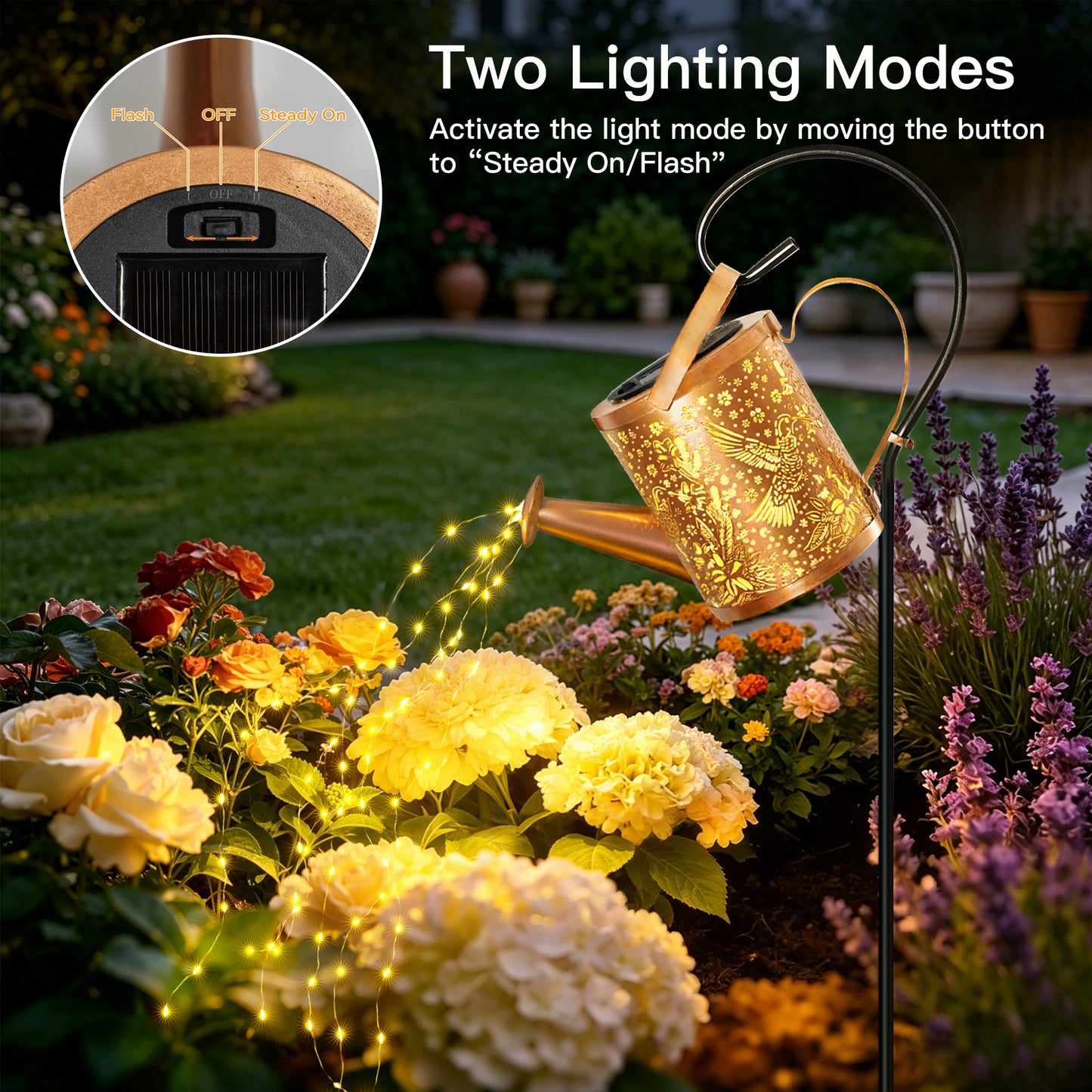 
                  
                    Ollny Solar Watering Can with Lights, Hanging Solar Waterfall LED Lights with Shepherd Hook, Waterproof Outdoor Decor for Patio Yard Pathway Backyard
                  
                