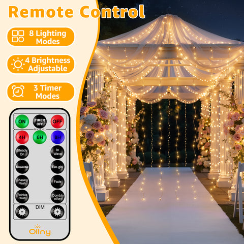 Ollny 300 LED Wedding Curtain Lights for Events, Proposals, Anniversaries (9.8ft*9.8ft, Warm White, Clear Cable, Connectable, IP67 Waterproof)