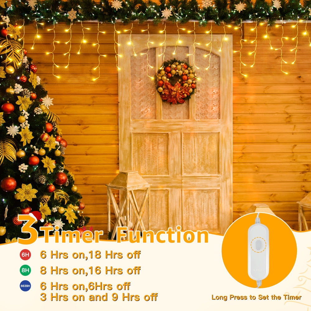 
                  
                    Ollny 12ft 108 LED Icicle Lights for Outside, 8 Lighting Modes 3 Timing Waterproof Icicle Christmas Lights Indoor Outdoor Decorations, Warm-white
                  
                