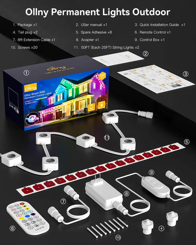 Ollny Smart Permanent Outdoor Lights 50FT 30LED(APP Control, RGB 16M Colors, Sync with Music)