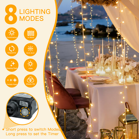 Ollny 200 LED 60ft Warm White Wedding String Lights for Events, Home, Birthday (Connectable, Clear Cable, Plug in, 8 Modes)