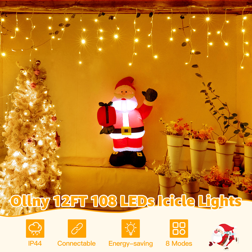 
                  
                    Ollny 12ft 108 LED Icicle Lights for Outside, 8 Lighting Modes 3 Timing Waterproof Icicle Christmas Lights Indoor Outdoor Decorations, Warm-white
                  
                
