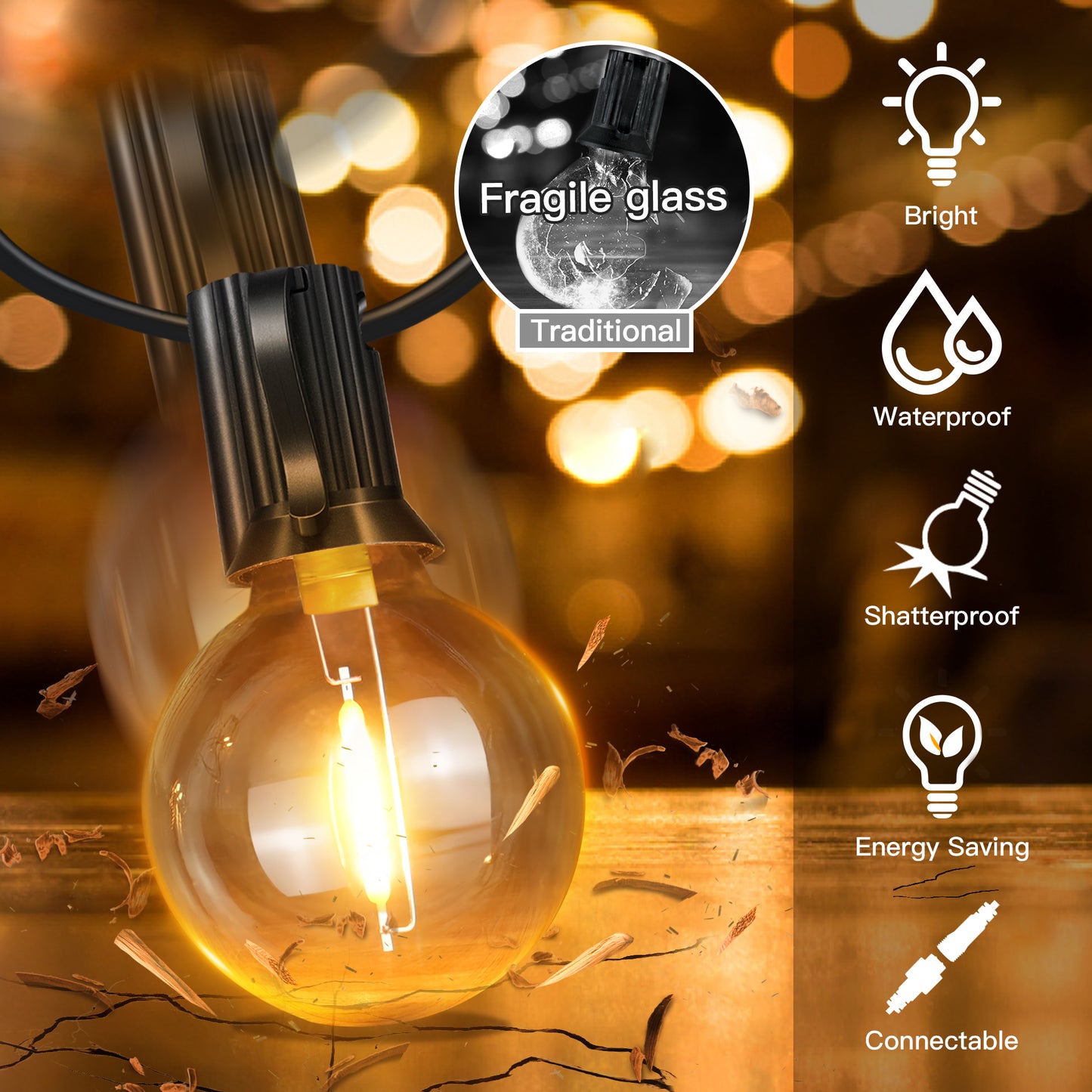 
                  
                    Ollny 50/100/150FT Outdoor String Lights, Waterproof Shatterproof Patio Lights Connectable with 27/53/79 Edison LED Bulbs Plug in for Porch,Garden,Bistro,Backyard,Camping
                  
                
