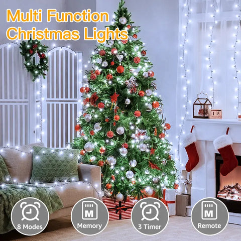 800 LED 262ft Cool White String Lights (Green Cable, Plug in, 8 Modes, IP44 Waterproof)