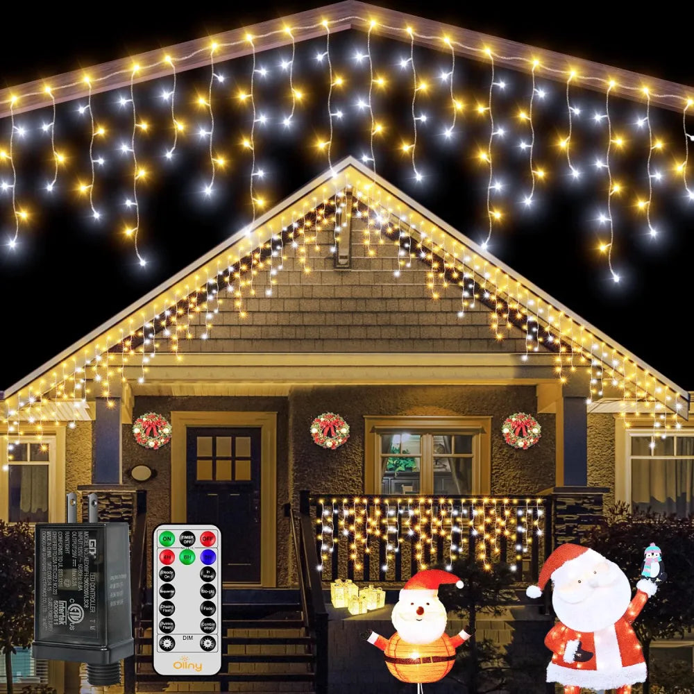 Ollny 504 LED 41ft Warm and Cool White Christmas Icicle Lights (Clear Cable, Plug in, 8 Modes), Connectable up to 3 Sets