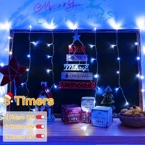 Ollny 504 LED 41ft Blue and White Christmas Icicle Lights (Clear Cable, Plug in, 8 Modes), Connectable up to 3 Sets