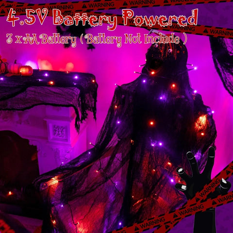 Ollny 150 LED 49ft Purple & Orange Halloween String Lights with Creepy Cloth (Green Cable, Battery Operated, 8 Modes)