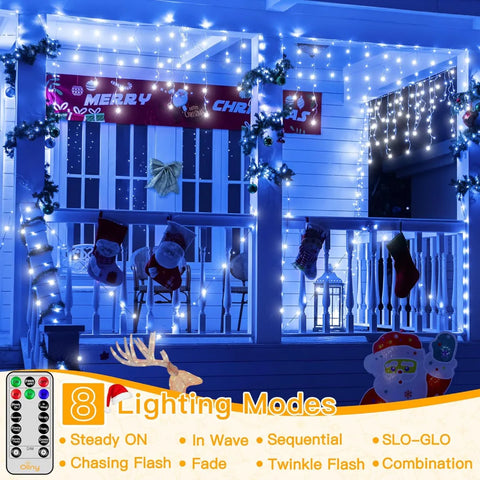 Ollny 504 LED 41ft Blue and White Christmas Icicle Lights (Clear Cable, Plug in, 8 Modes), Connectable up to 3 Sets