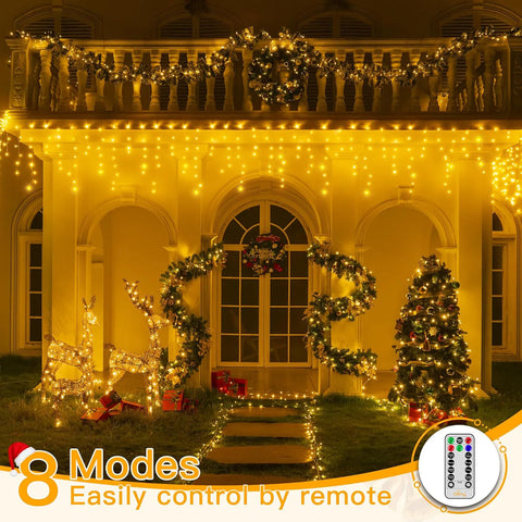 Ollny 1000 LED 82ft Warm White Christmas Icicle Lights (Clear Cable, Plug in, 8 Modes)