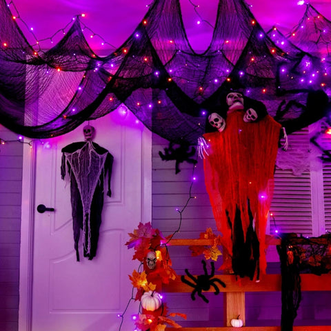 Ollny 150 LED 49ft Purple & Orange Halloween String Lights with Creepy Cloth (Green Cable, Battery Operated, 8 Modes)
