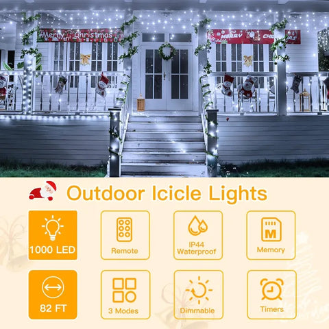 Ollny 1000 LED 82ft Cool White Christmas Icicle Lights (Clear Cable, Plug in, 8 Modes)