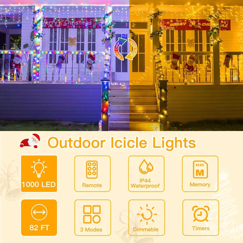 Ollny 1000 LED 82ft Warm White to Multicolor Christmas Icicle Lights (Clear Cable, Plug in, 8 Modes)