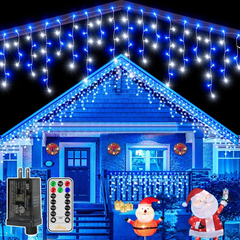 Ollny 504 LED 41ft Blue and White Christmas Icicle Lights (Clear Cable, Plug in, 8 Modes), Connectable up to 3 Sets