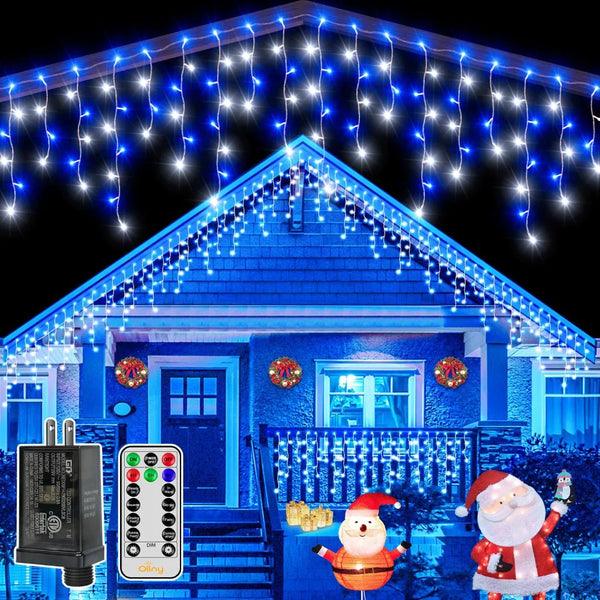 Ollny 504 LED 41ft Blue and White Christmas Icicle Lights (Clear Cable, Plug in, 8 Modes), Connectable up to 3 Sets