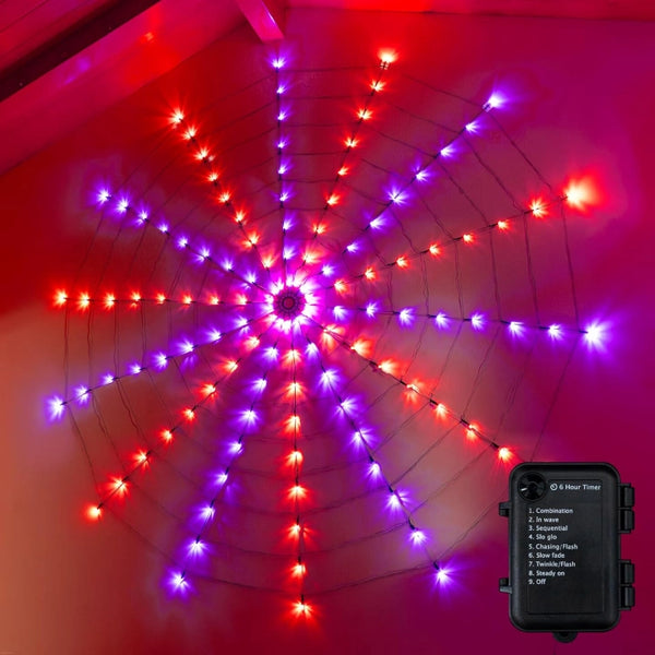 Ollny Orange and Purple Halloween Spider Web Lights 6.6FT 126 LED (Black Cable, Battery Operated, 8 Modes, with Spider)