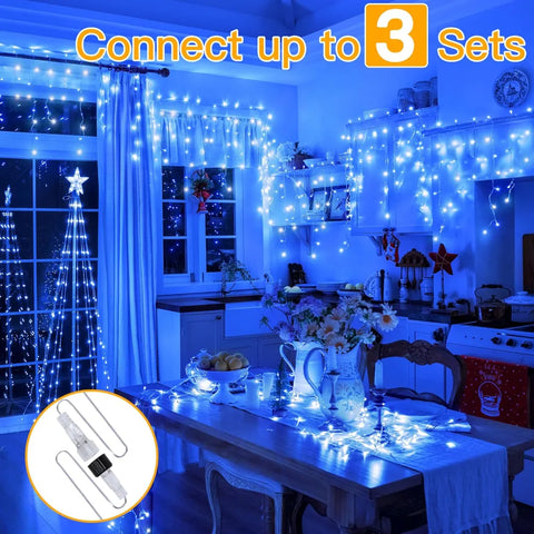 Ollny 504 LED 41ft Blue and White Christmas Icicle Lights (Clear Cable, Plug in, 8 Modes), Connectable up to 3 Sets