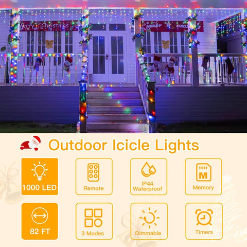 Ollny 1000 LED 82ft Multicolor Christmas Icicle Lights (Clear Cable, Plug in, 8 Modes)