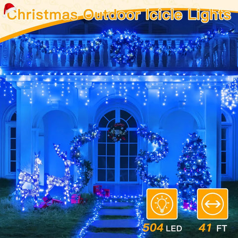 Ollny 504 LED 41ft Blue and White Christmas Icicle Lights (Clear Cable, Plug in, 8 Modes), Connectable up to 3 Sets