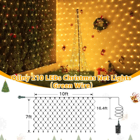 Ollny 210 LED 10*7ft Warm White Outdoor Net Lights (Green wire, IP67 Waterproof, Connectable)
