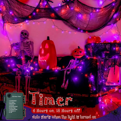 Ollny 150 LED 49ft Purple & Orange Halloween String Lights with Creepy Cloth (Green Cable, Battery Operated, 8 Modes)