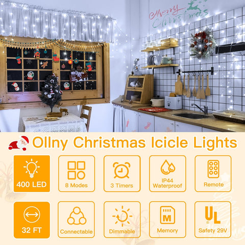 Ollny 400 LED 32ft Cool White Icicle Lights (Clear Cable, Plug in, 8 Modes), Connectable up to 3 Sets