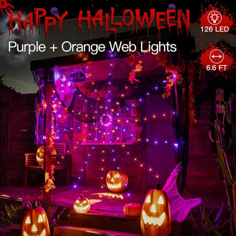 Ollny Orange and Purple Halloween Spider Web Lights 6.6FT 126 LED (Black Cable, Battery Operated, 8 Modes, with Spider)