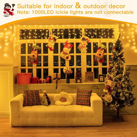 Ollny 1000 LED 82ft Warm White Christmas Icicle Lights (Clear Cable, Plug in, 8 Modes)