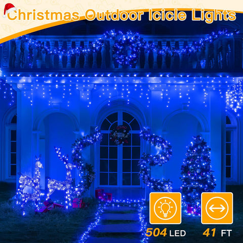 Ollny 504 LED 41ft Blue Icicle Christmas Lights (Clear Cable, Plug in, 8 Modes), Connectable up to 3 Sets