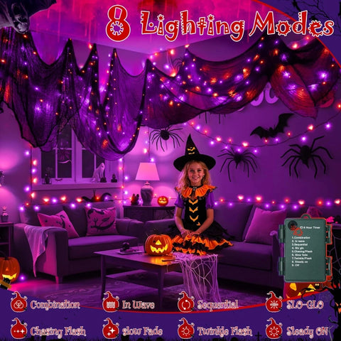 Ollny 150 LED 49ft Purple & Orange Halloween String Lights with Creepy Cloth (Green Cable, Battery Operated, 8 Modes)