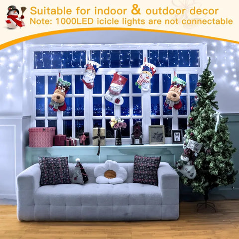 Ollny 1000 LED 82ft Cool White Christmas Icicle Lights (Clear Cable, Plug in, 8 Modes)