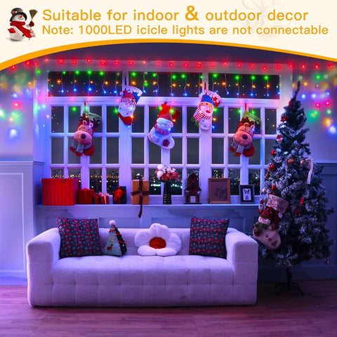 Ollny 1000 LED 82ft Warm White to Multicolor Christmas Icicle Lights (Clear Cable, Plug in, 8 Modes)