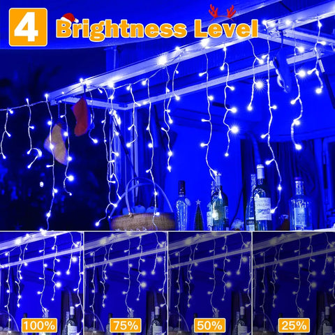 Ollny 720 LED 60ft Blue Christmas Icicle Lights (Clear Cable, Plug in, 8 Modes), Connectable up to 3 Sets