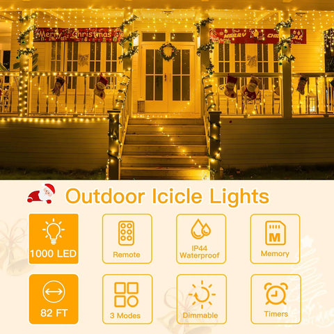 Ollny 1000 LED 82ft Warm White Christmas Icicle Lights (Clear Cable, Plug in, 8 Modes)