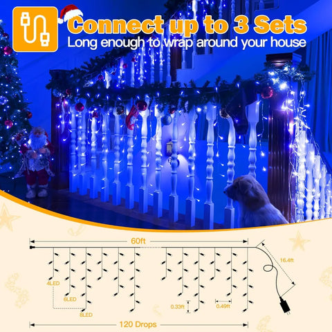 Ollny 720 LED 60ft Blue Christmas Icicle Lights (Clear Cable, Plug in, 8 Modes), Connectable up to 3 Sets