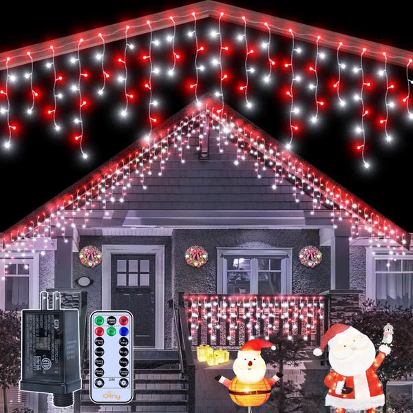 Ollny 504 LED 41ft Red and White Christmas Icicle Lights (Clear Cable, Plug in, 8 Modes), Connectable up to 3 Sets