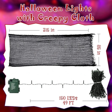 Ollny 150 LED 49ft Purple & Orange Halloween String Lights with Creepy Cloth (Green Cable, Battery Operated, 8 Modes)