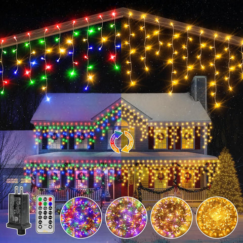 Ollny 1000 LED 82ft Warm White to Multicolor Christmas Icicle Lights (Clear Cable, Plug in, 8 Modes)
