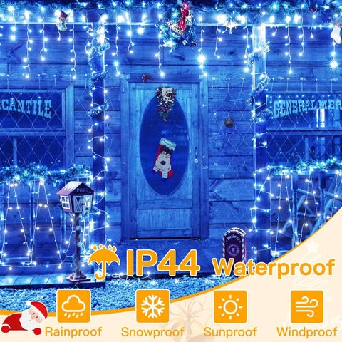 Ollny 504 LED 41ft Blue and White Christmas Icicle Lights (Clear Cable, Plug in, 8 Modes), Connectable up to 3 Sets