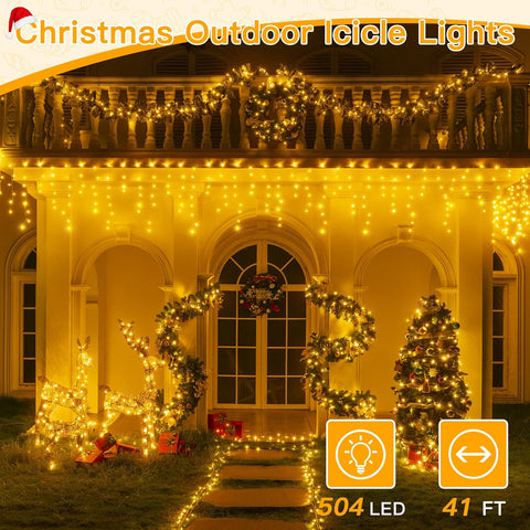 Ollny 504 LED 41ft Warm White Christmas Icicle Lights (Clear Cable, Plug in, 8 Modes), Connectable up to 3 Sets
